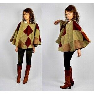 Vintage LEATHER Poncho Cape - Patchwork Suede - Color Block Woodstock Festival